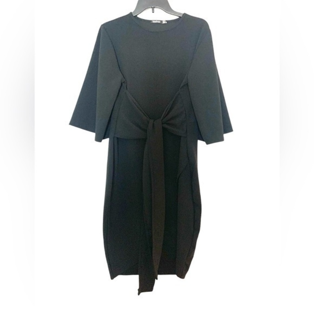 New Boohoo Classic Casual Cocktail Tie Front Wrap Midi Dress Black Size 14